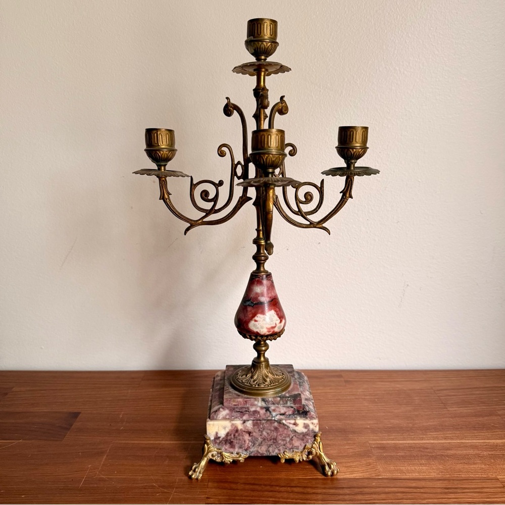 Antique French Rococo 19th Century Brass & Red Marble 4-Arm Candelabra Claw Feet